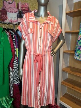 LuLaRoe Coral and White Striped Button-Front Shirt Dress